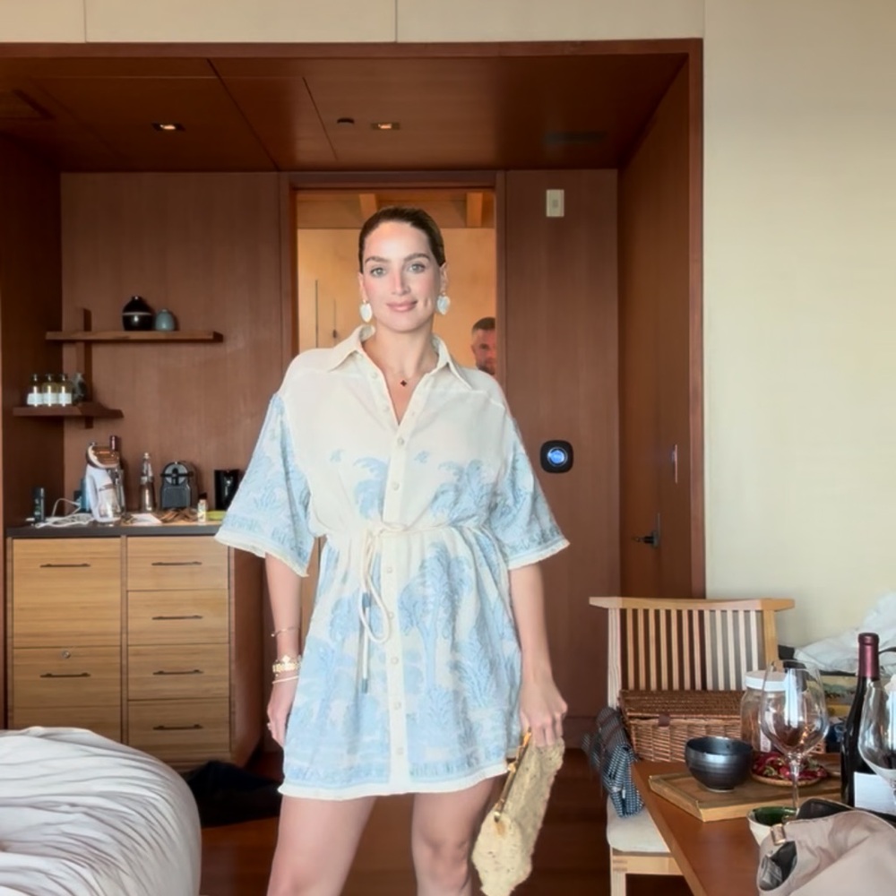 Zimmermann Light Blue and Cream Drawstring Shirt Mini Dress